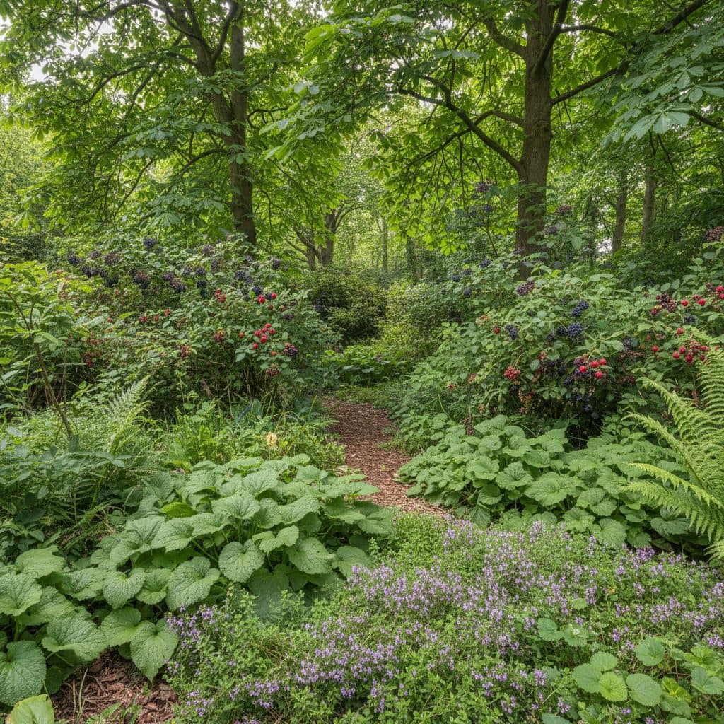 A mature temperate food forest garden showing multi-tiered vegetation from tall chestnut canopy trees down to berry bushes, comfrey, and creeping thyme.
