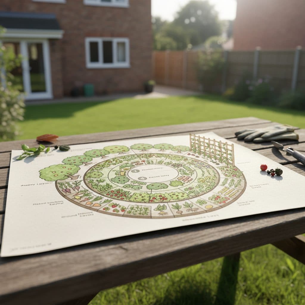 An architectural overhead garden design plan illustration showing a seven-layer edible forest garden tailored for a suburban UK backyard.