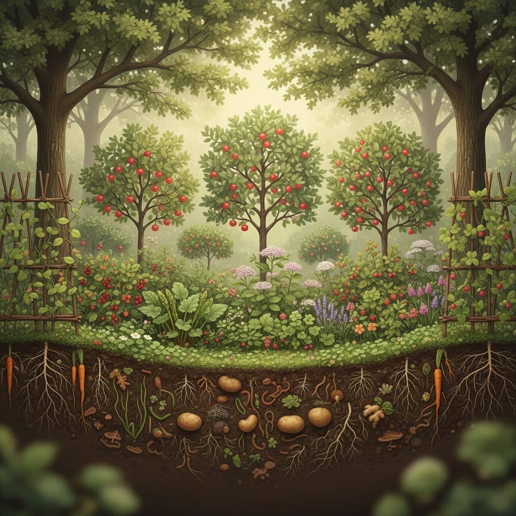 A cross-section illustration of a seven-layered temperate forest garden showing canopy trees down to root crops and ground covers.