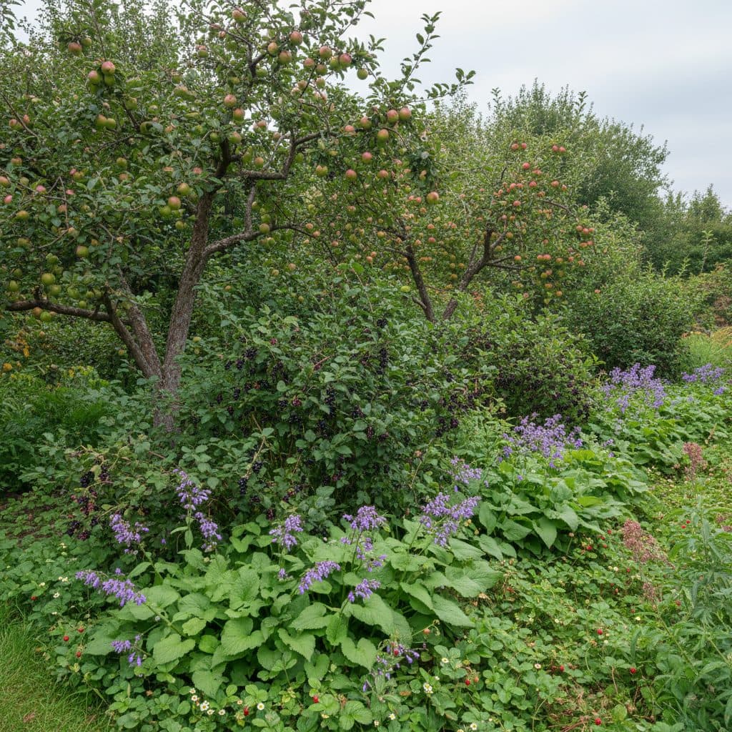 A mature multi-layered UK forest garden featuring apple trees, blackcurrant bushes, comfrey borders, and wild strawberries under soft overcast daylight.