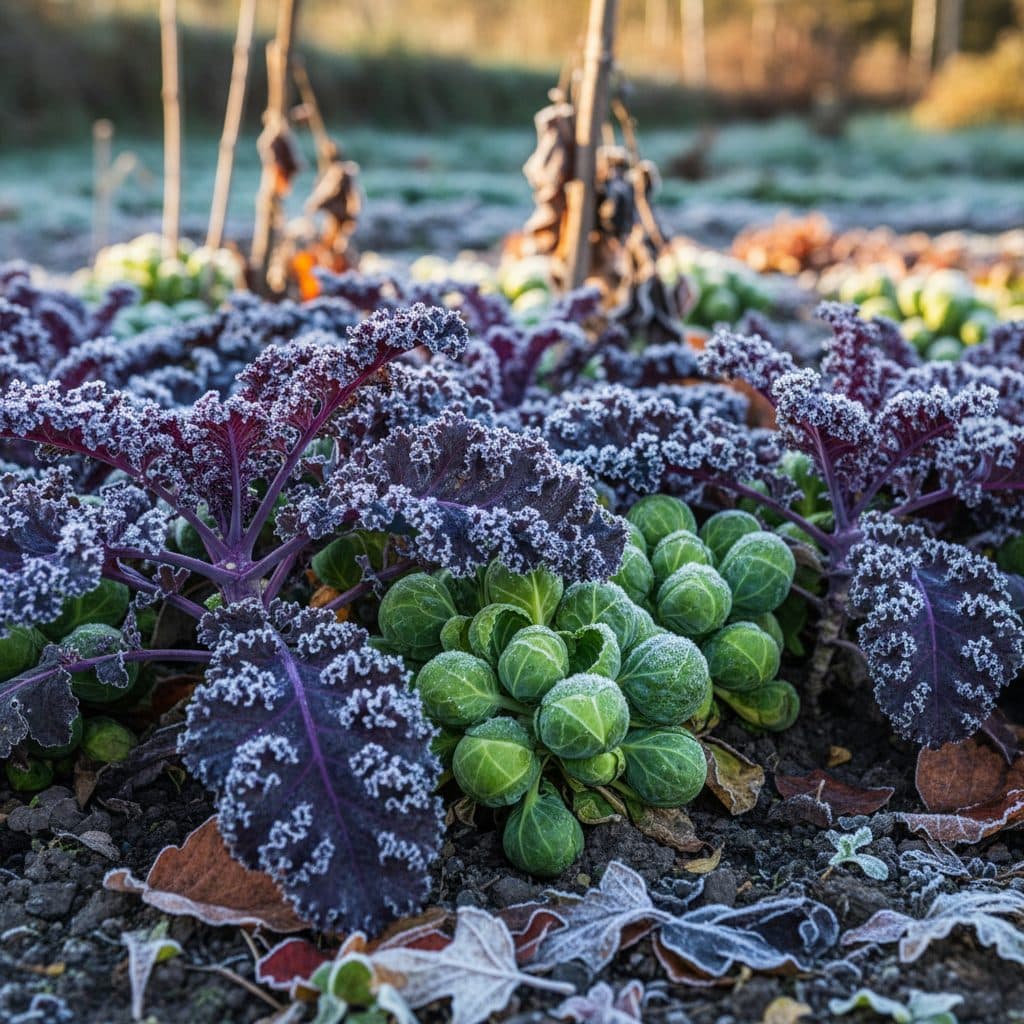 Vibrant purple kale and green Brussels sprouts coated in delicate morning frost crystals in an autumn vegetable garden.