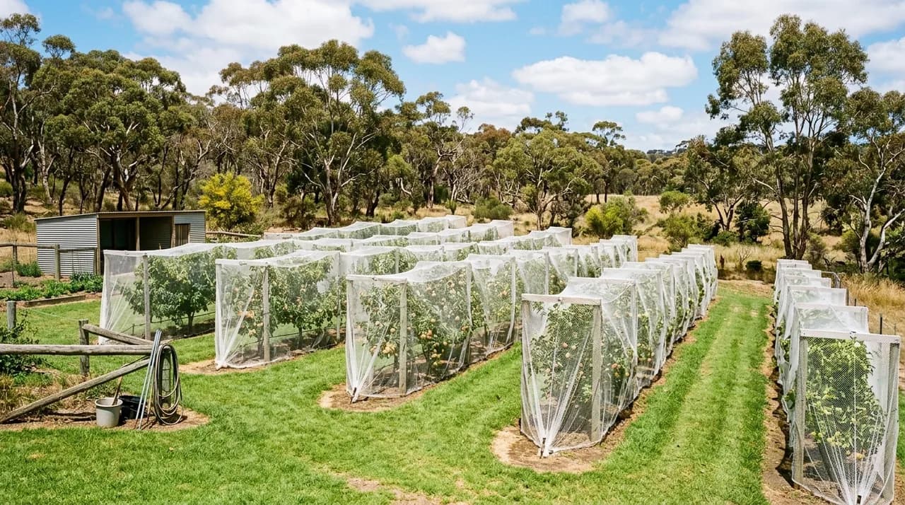 An Australian orchard featuring fruit trees neatly covered with fine white insect exclusion netting on timber frames under a bright sunny sky.