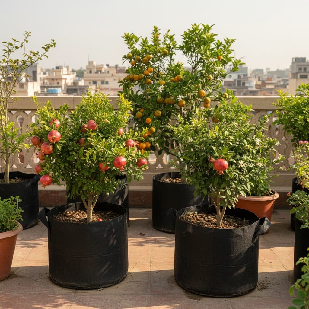 A fruiting dwarf pomegranate and citrus tree growing in large UV grow bags on a sunny Indian rooftop terrace garden.