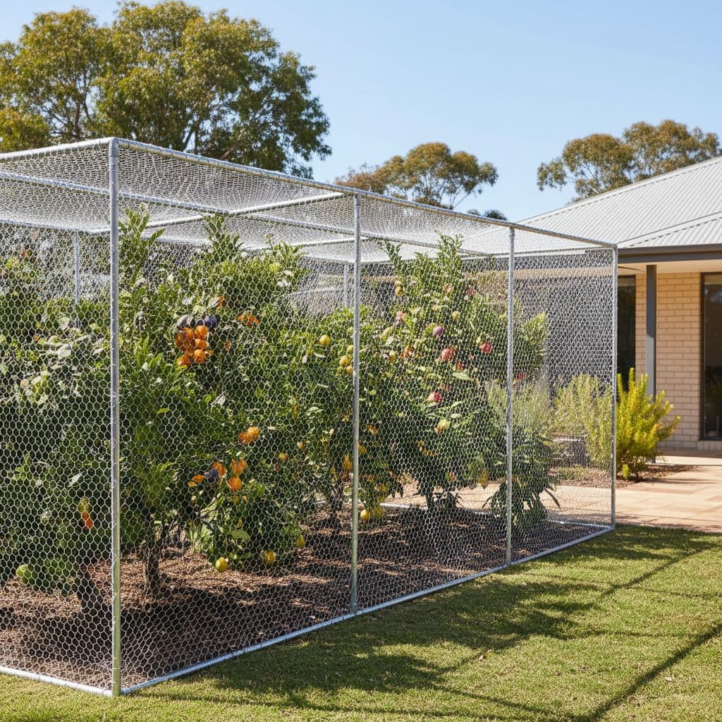 A backyard citrus and stone fruit tree enclosed in a taut, white, wildlife-safe 5 mm mesh netting frame in an Australian home garden.