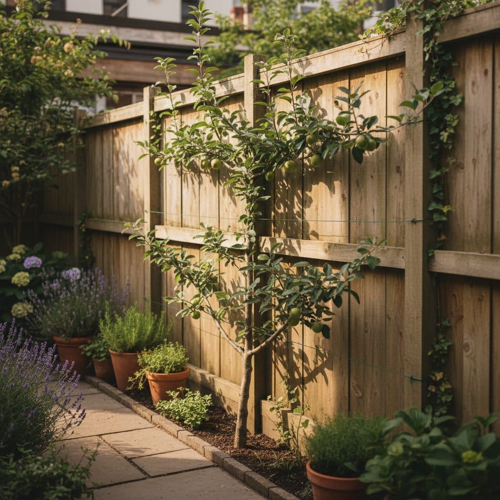 A compact espalier apple tree trained neatly along a sunny wooden garden fence in a small UK urban garden.