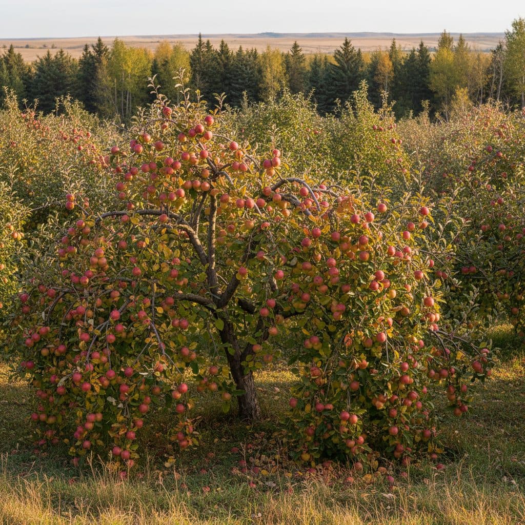 A vigorous Goodland apple tree laden with crisp fruit in a protected Canadian prairie orchard during early autumn.