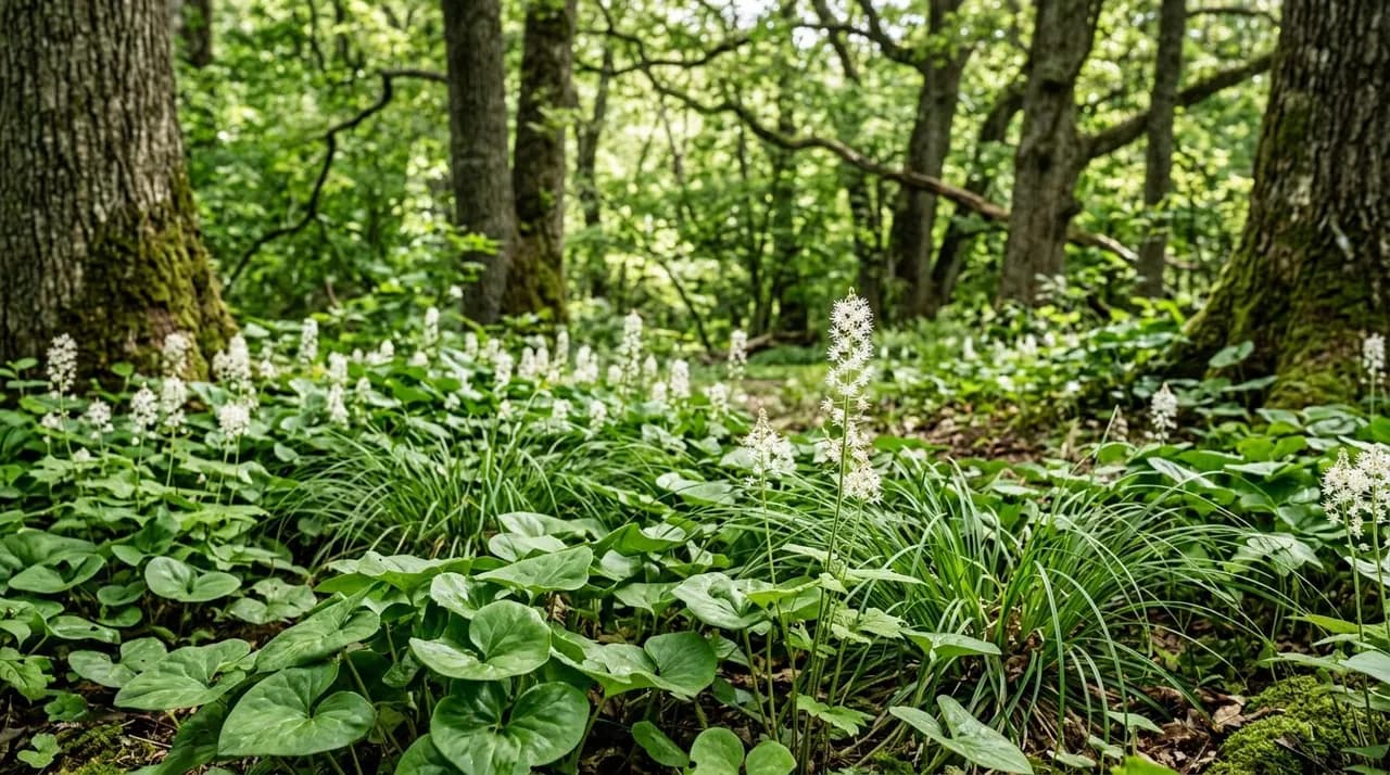 A lush woodland garden floor blanketed in vibrant green wild ginger, delicate foamflower spikes, and weeping sedges growing beneath mature shade trees.