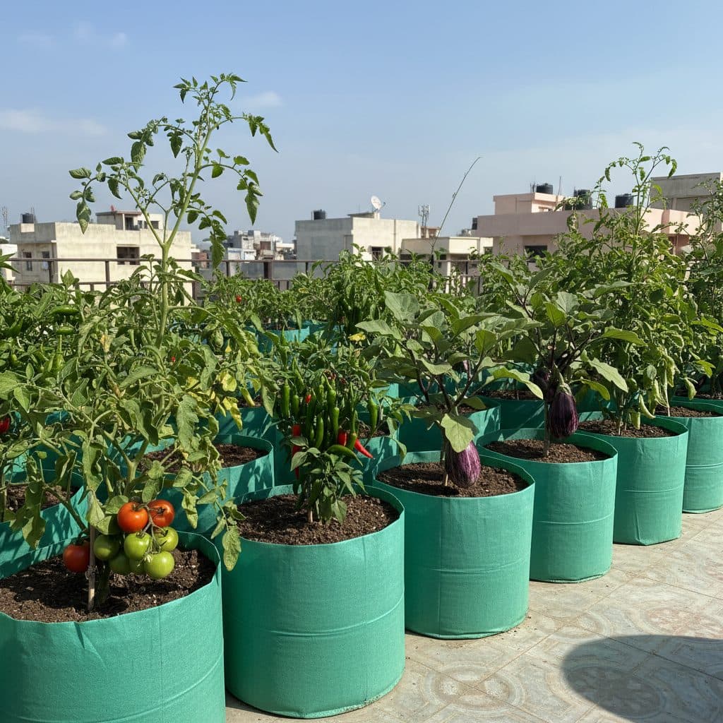 Neatly arranged green HDPE grow bags filled with healthy tomato, chilli, and brinjal plants on an Indian terrace garden under bright sunshine.
