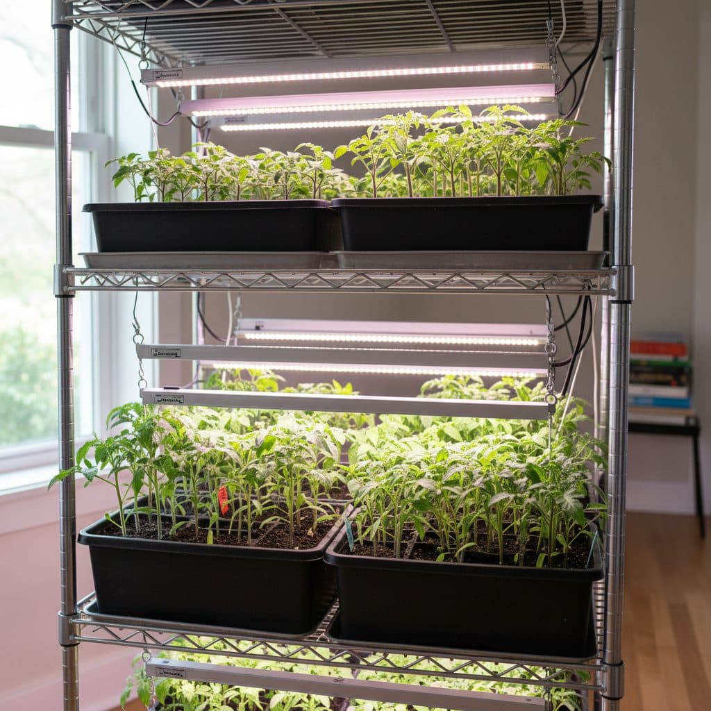 Bright full-spectrum LED grow light bars suspended closely above trays of vibrant green tomato and pepper seedlings on indoor wire shelving.