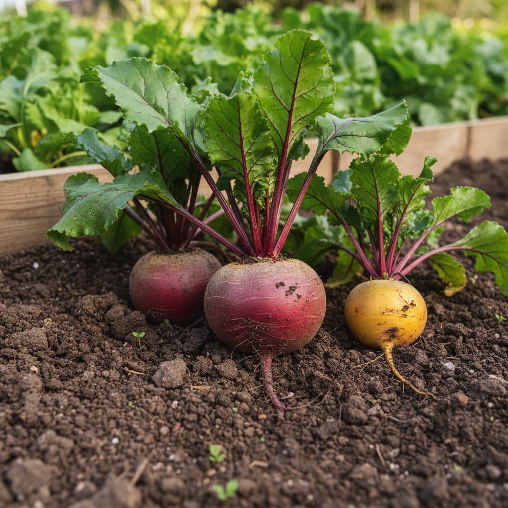 Freshly pulled deep-red and golden beetroot with healthy green tops lying on rich dark allotment soil in the UK.