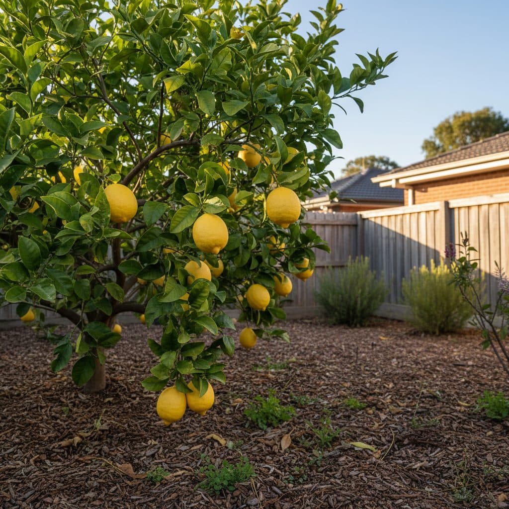 A healthy Eureka lemon tree heavy with bright yellow fruit growing in a sunny Australian backyard garden bed with woodchip mulch.
