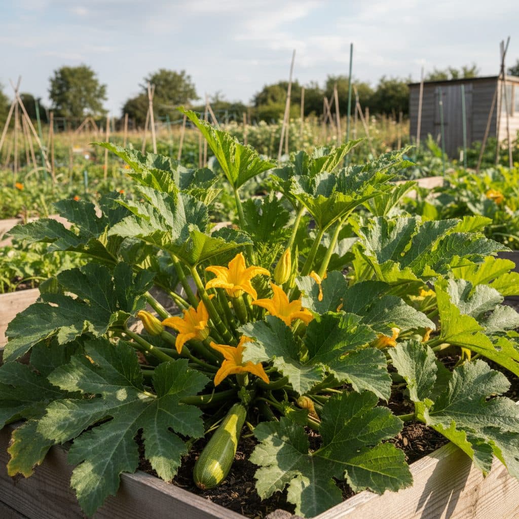 Vigorous green courgette plants bearing yellow blossoms and developing fruits in a British allotment raised bed under summer sun.