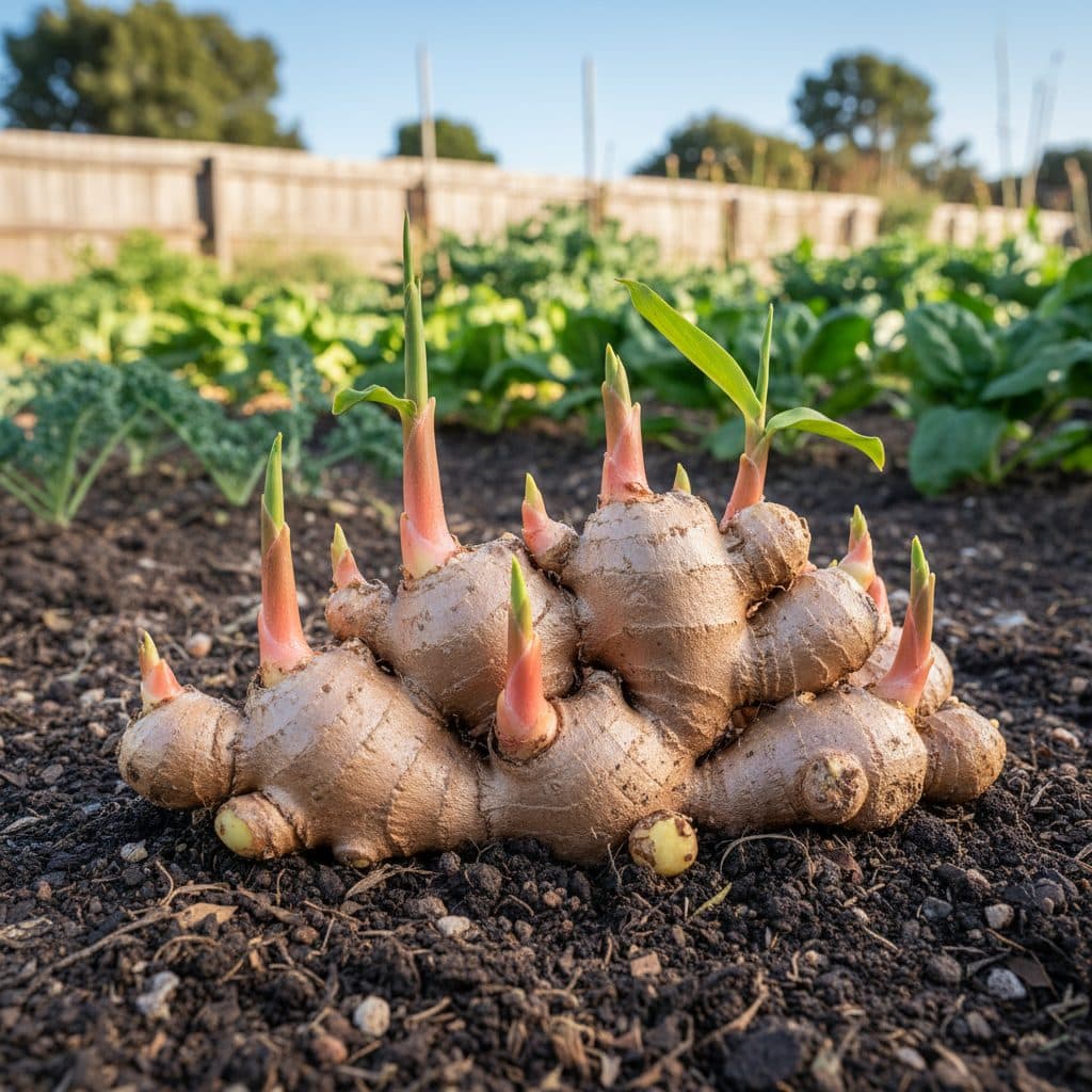 Plump freshly harvested organic ginger rhizomes with healthy pink growing shoots displayed on garden soil in an Australian veggie patch.