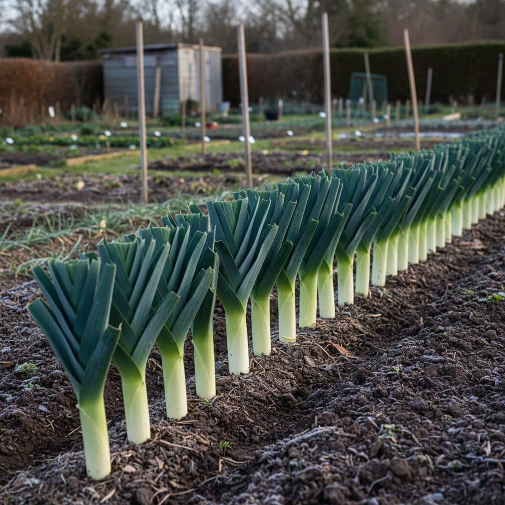 A neat row of tall, blanched winter leeks with dark blue-green foliage growing in rich soil on a British allotment plot.