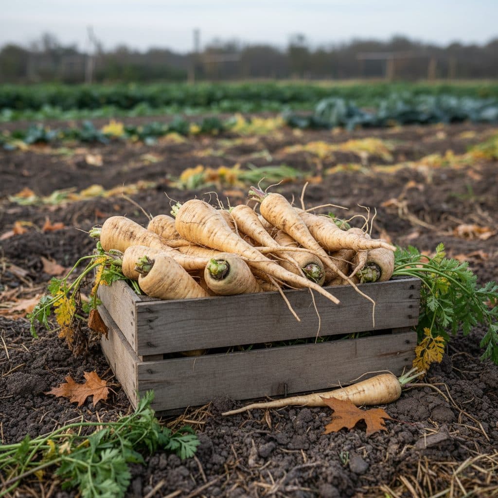 A wooden harvest crate filled with freshly lifted, cream-coloured parsnip roots with soil-dusted skins on a crisp autumn allotment bed.