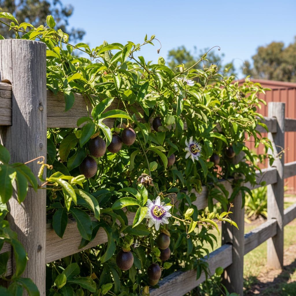 A vigorous green passionfruit vine growing over a sturdy wooden garden fence in Australia, heavy with purple fruits and exotic purple and white passionflowers.