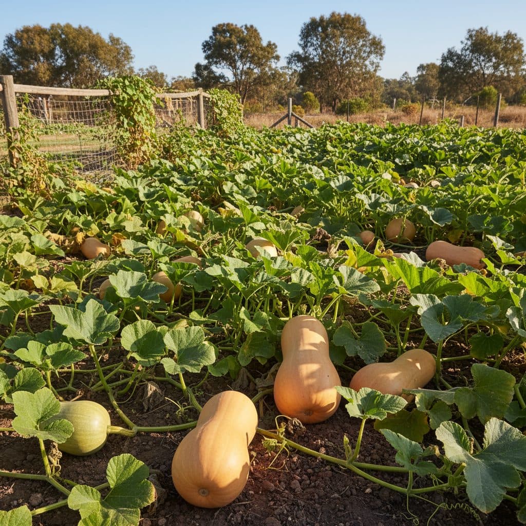 A sprawling pumpkin patch in an Australian garden with large butternut pumpkins ripening on healthy green vines under sunlight.