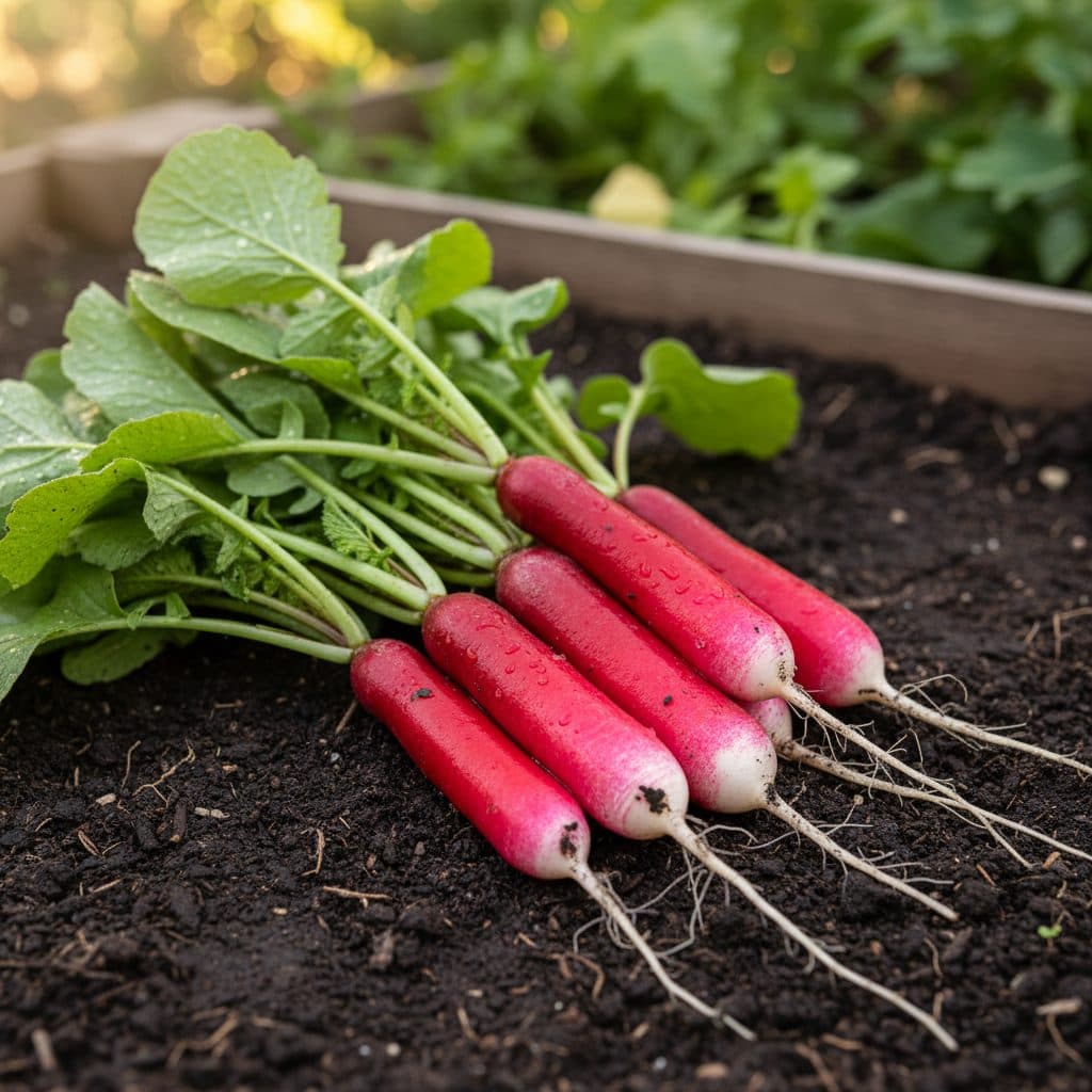 A vibrant bunch of freshly pulled, washed French Breakfast radishes with crisp red roots and white tips on an allotment garden bed.