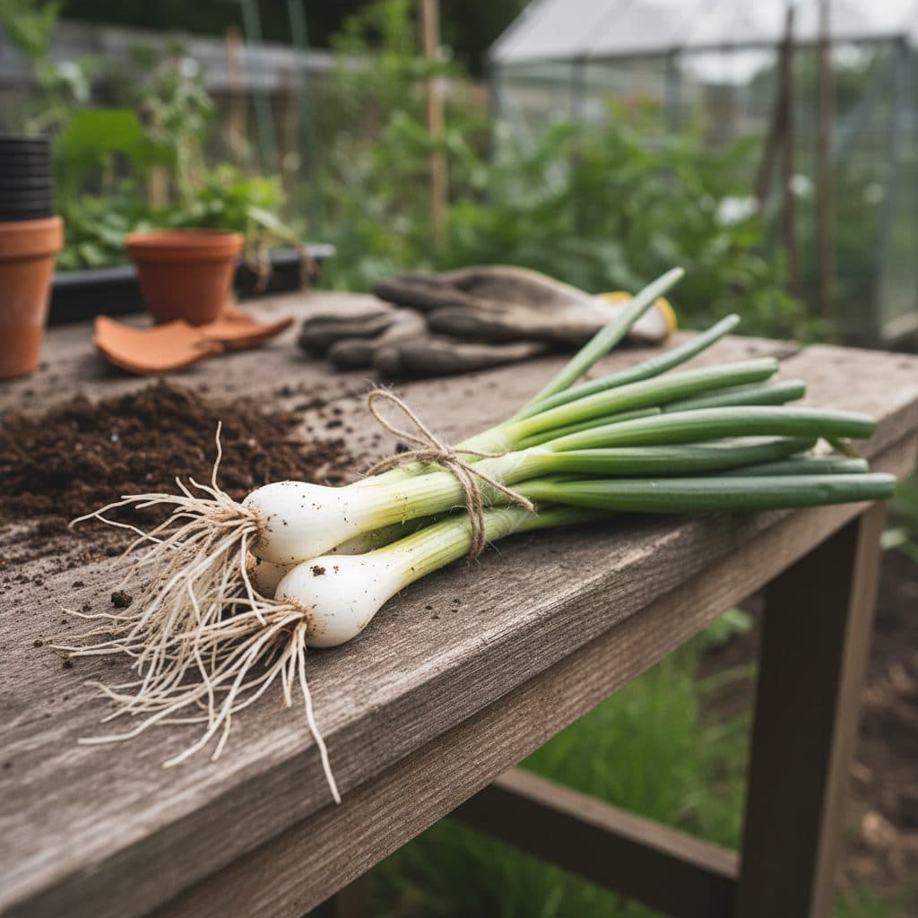 A fresh bunch of slender homegrown spring onions with clean white roots and crisp green hollow leaves on a wooden allotment potting bench in the UK.