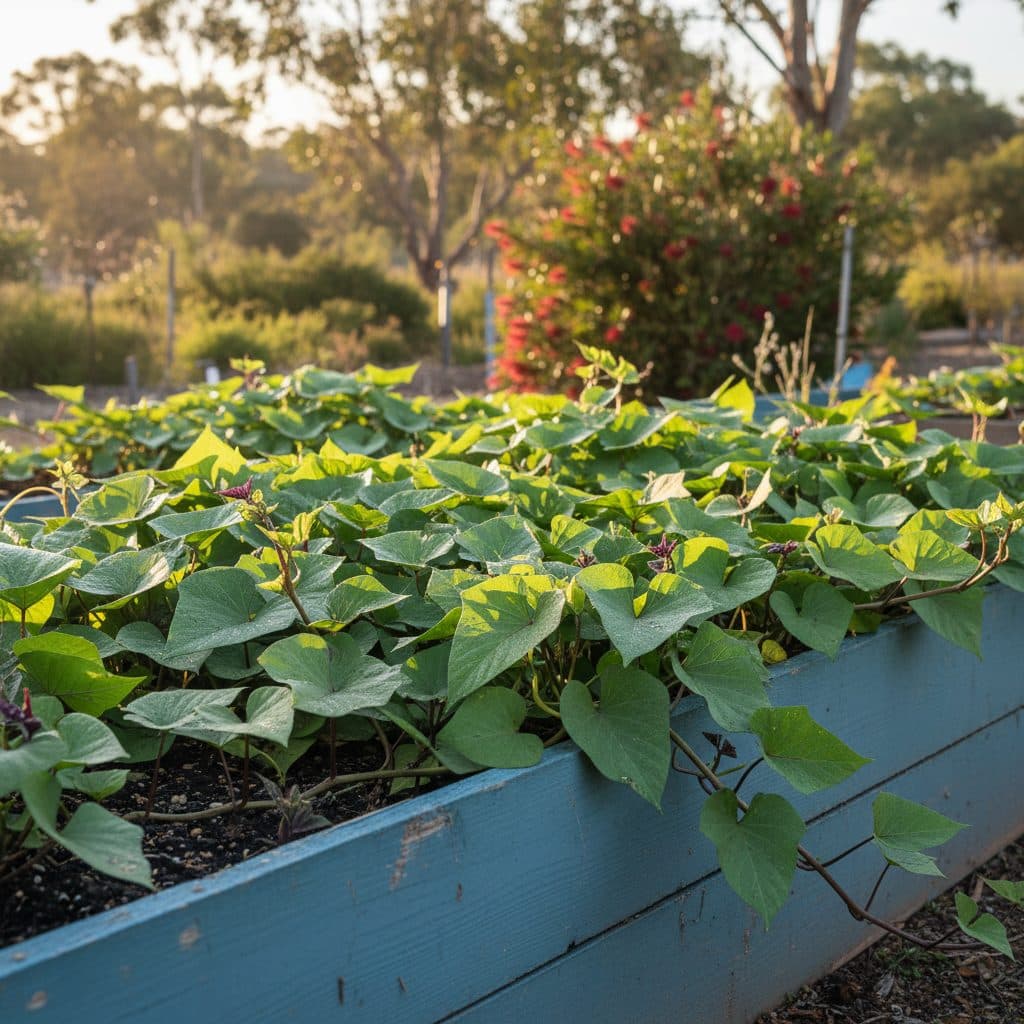 A vibrant Australian raised garden bed overflowing with lush green sweet potato vines under warm morning sunshine.