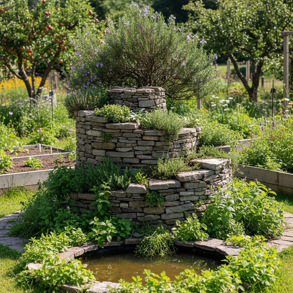 A stone-built permaculture herb spiral thriving with culinary herbs, with rosemary at the dry peak and lush mint at the moist base pond.