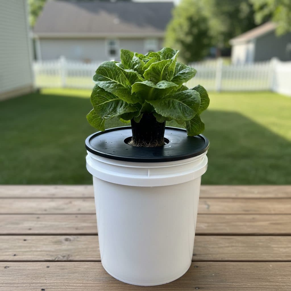 A 5-gallon bucket Kratky hydroponic system with a healthy head of lettuce.