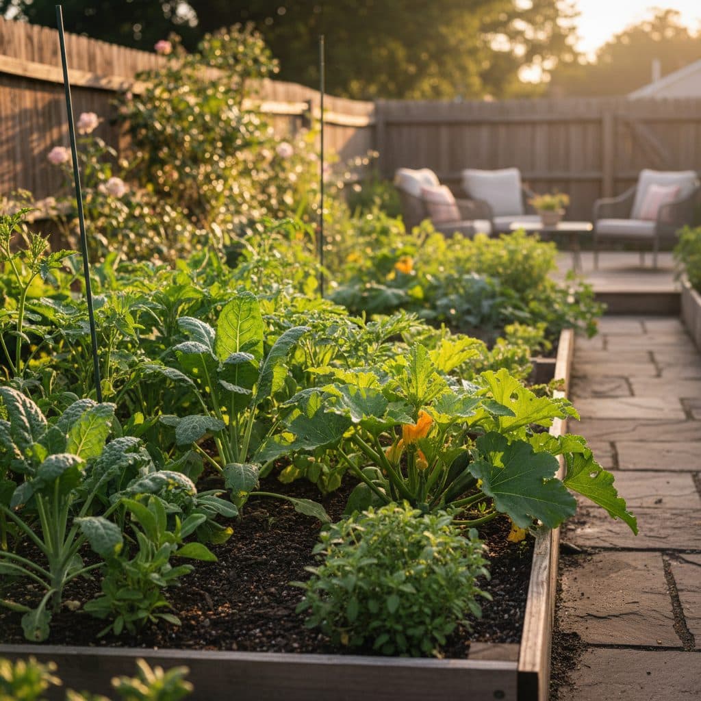 A thriving US homestead garden with drip irrigation lines visible, mulched beds, and resilient plants under a bright sun.