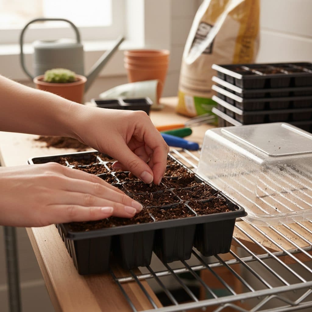 A gardener's hands sowing tiny seeds on the surface of moist soil in a propagation tray under grow lights, illustrating light germinators.