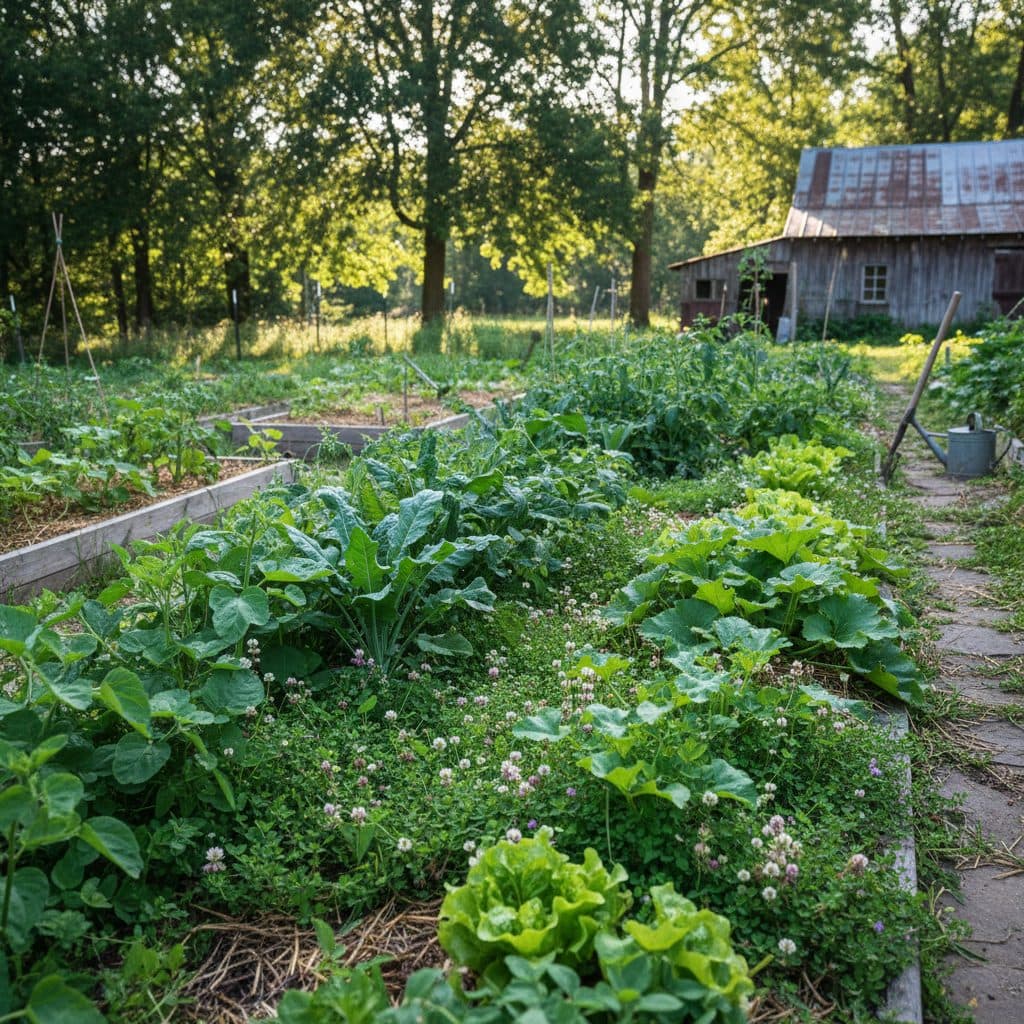 A flourishing garden with green living mulch growing between rows of healthy vegetables under a bright sky.