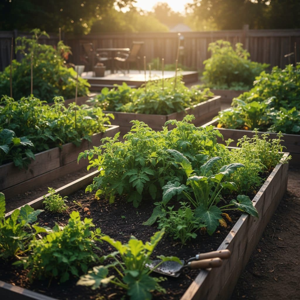 A small home apple orchard thriving in a sunny, warm climate, with healthy green trees and distant rolling hills.