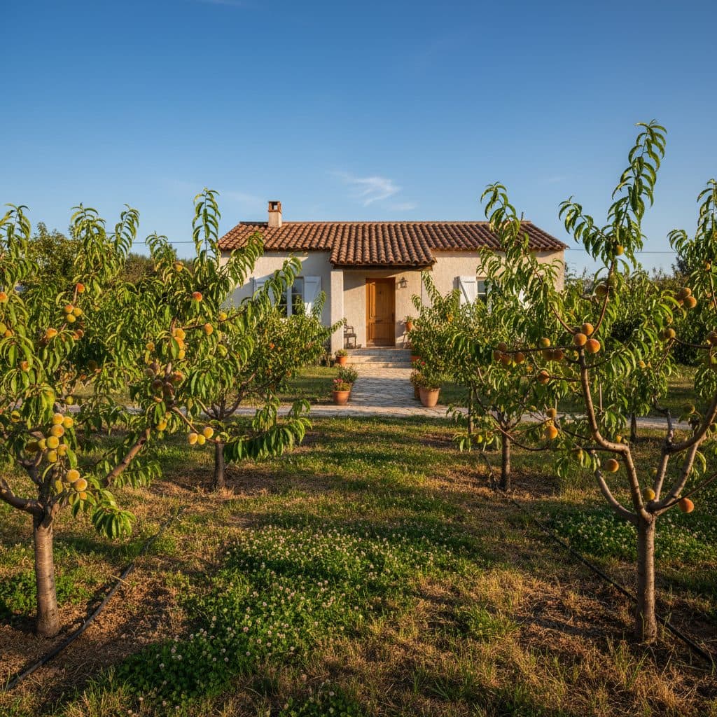 A small, well-maintained home orchard with young peach and nectarine trees bearing fruit under a sunny sky in a warm climate.