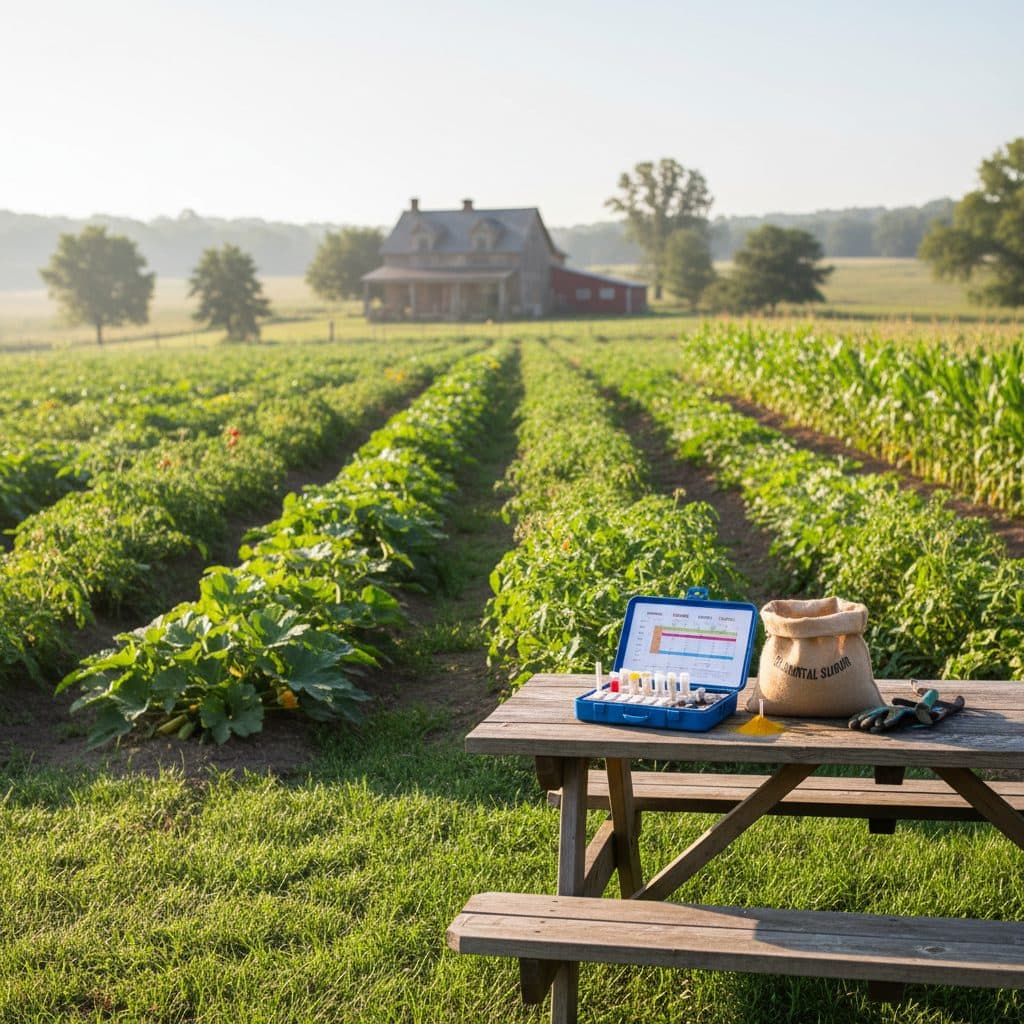 A peaceful US homestead garden with a soil test kit and elemental sulfur, ready for pH adjustment.