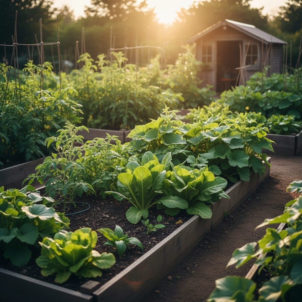A peaceful US homestead garden with rows of healthy plants under a clear sky.