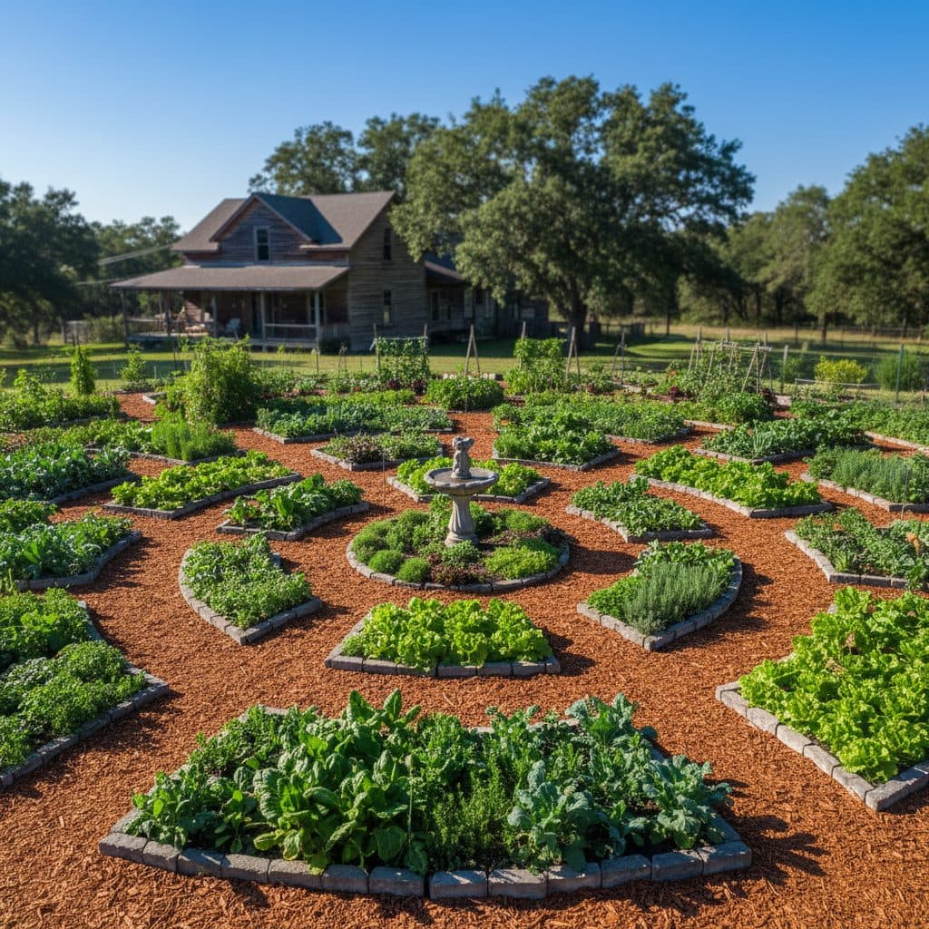 A vibrant mandala garden with circular beds and radiating paths, filled with a variety of green plants and a central bird bath.