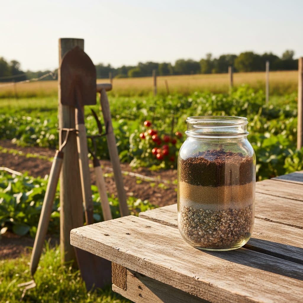 A clear mason jar with distinct layers of sand, silt, and clay settled, sitting on a rustic wooden table in a sunlit garden. Garden tools and thriving plants are visible in the soft-focus background.