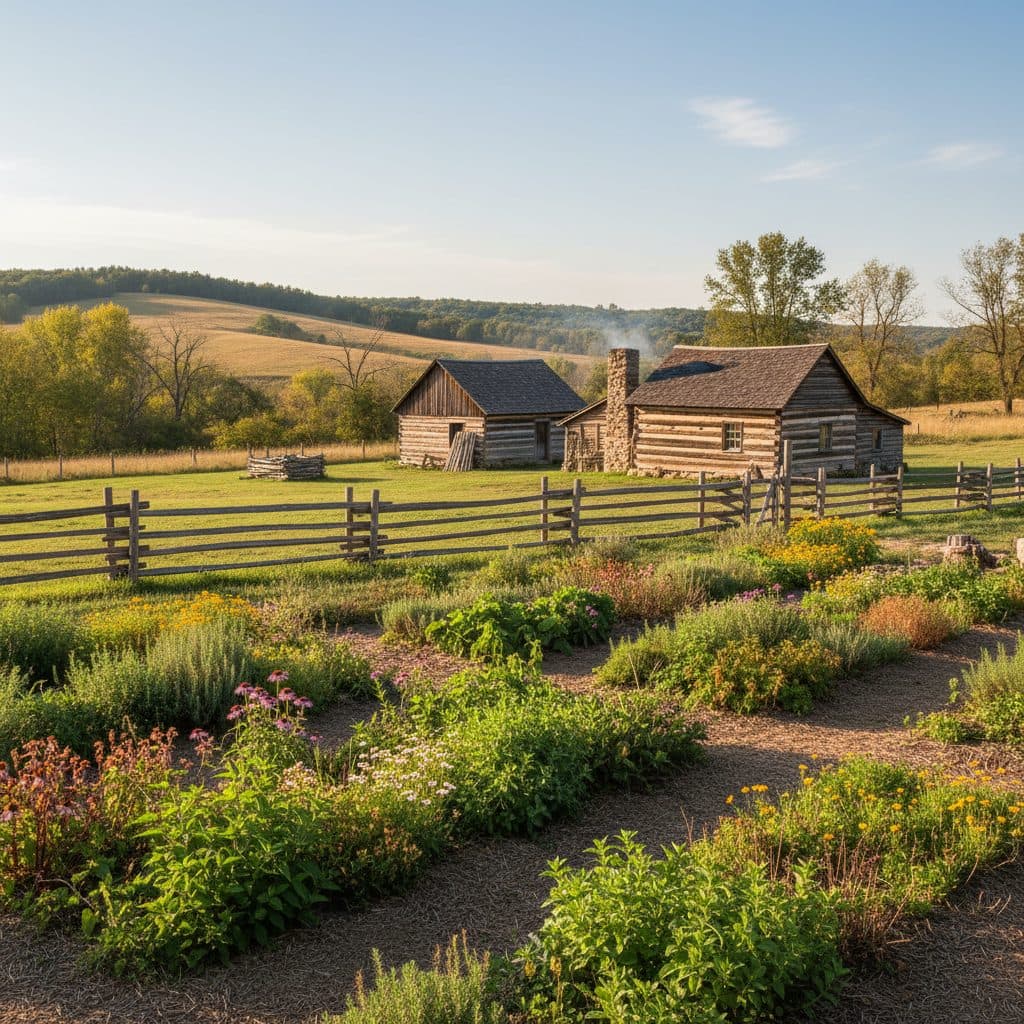 A small, thriving medicinal herb garden in a cold climate homestead, with various herbs in neat rows, a wooden fence, and distant hills.