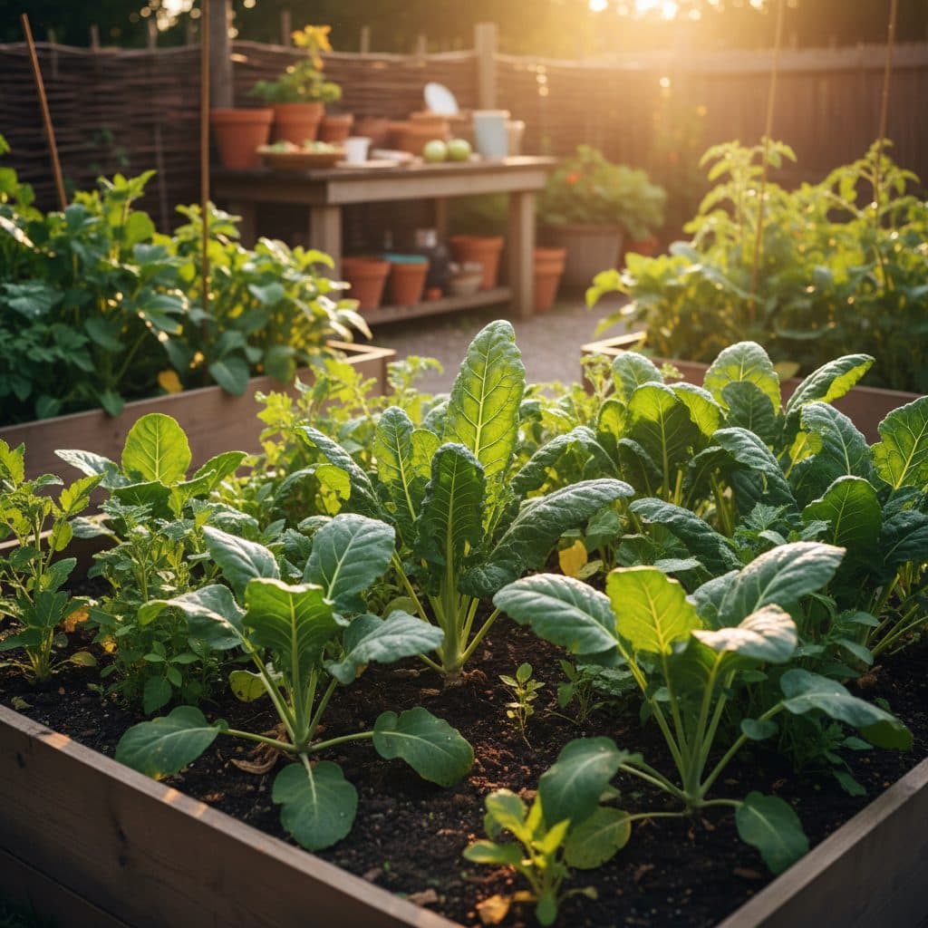A peaceful homestead scene with a small garden in the foreground, bathed in warm morning light, no people or text.
