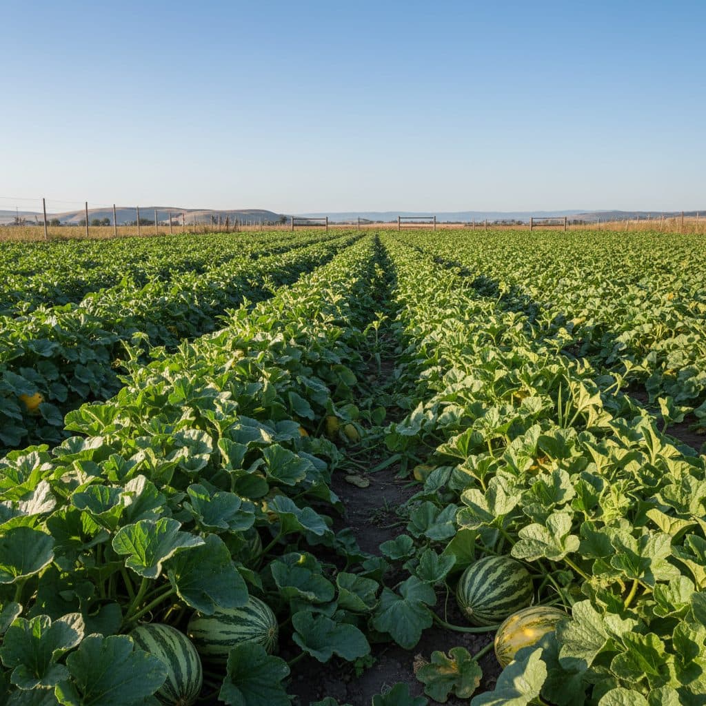 A vast melon field with ripening watermelons under the summer sun.