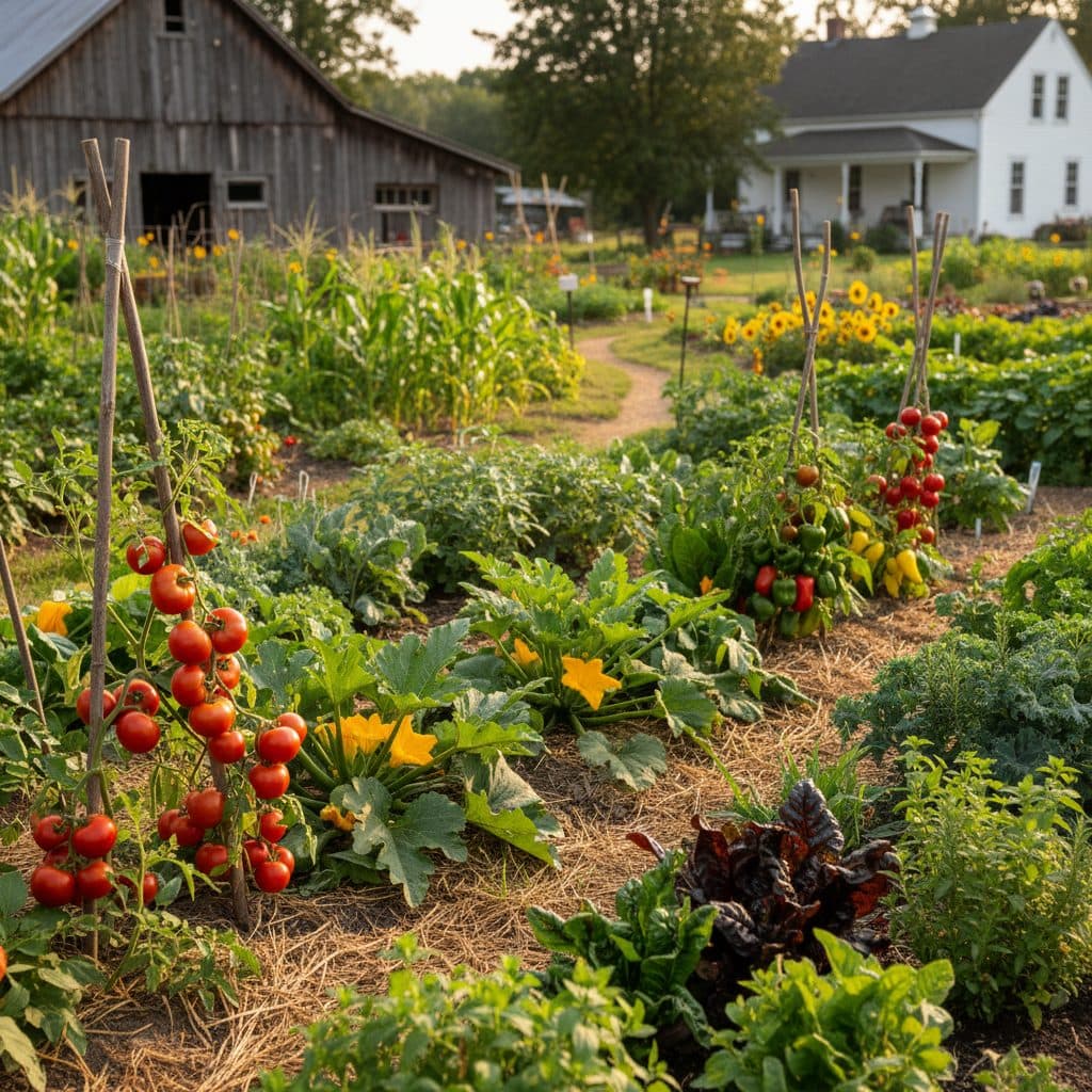 A thriving organic vegetable garden in a US homestead, demonstrating the success of biological pest management.