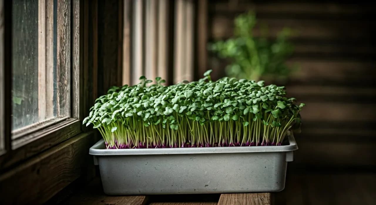 A small, neat microgreen growing setup on a rustic porch windowsill in the US, bathed in soft morning light.