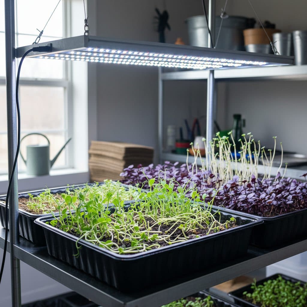 Microgreen trays showing healthy sprouts alongside some struggling with damping-off and leggy growth, under a grow light.