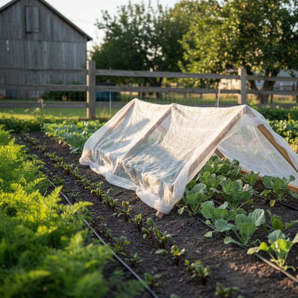 A midsummer garden bed with young brassica plants under a light shade cloth and rows of small carrot and beet greens growing in neat rows.