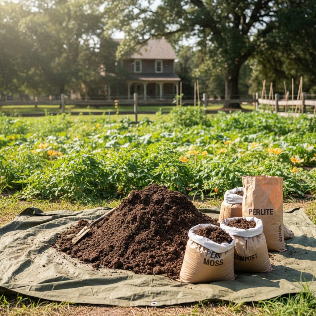 A large pile of freshly mixed potting soil on a blue tarp, surrounded by bags of peat moss, perlite, and compost, ready for use on a US homestead.