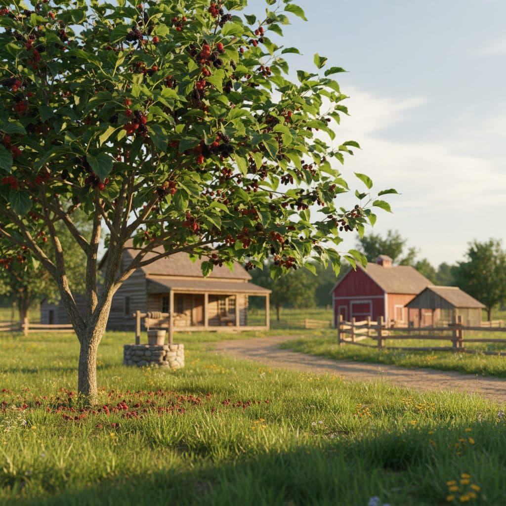 A productive mulberry tree in a US home orchard, pruned to a pickable height and laden with dark berries.