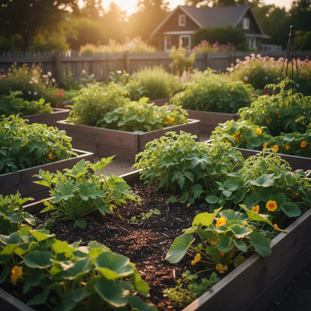 A vibrant garden bed with various drought-tolerant plants, uniformly mulched with wood chips under a bright US sky.
