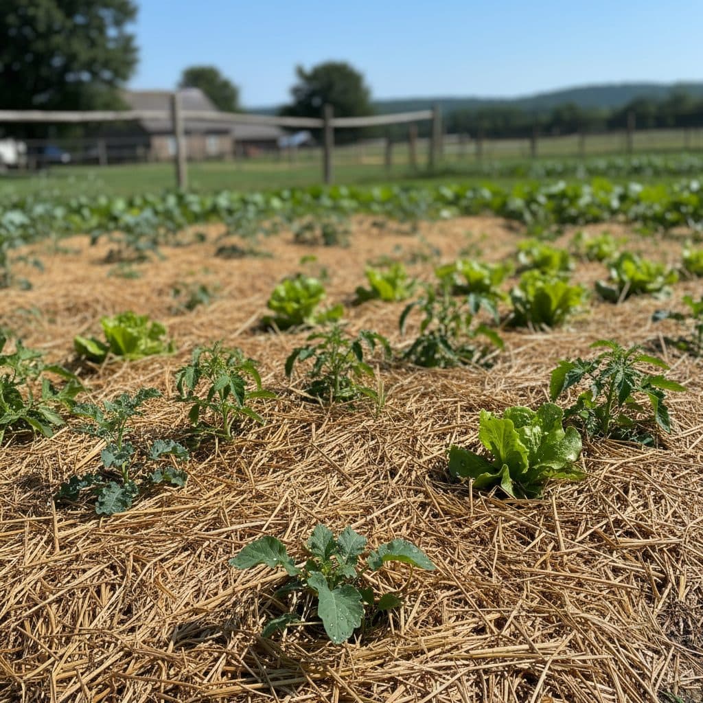 A well-mulched vegetable garden bed with straw, conserving moisture in a sunny US homestead.