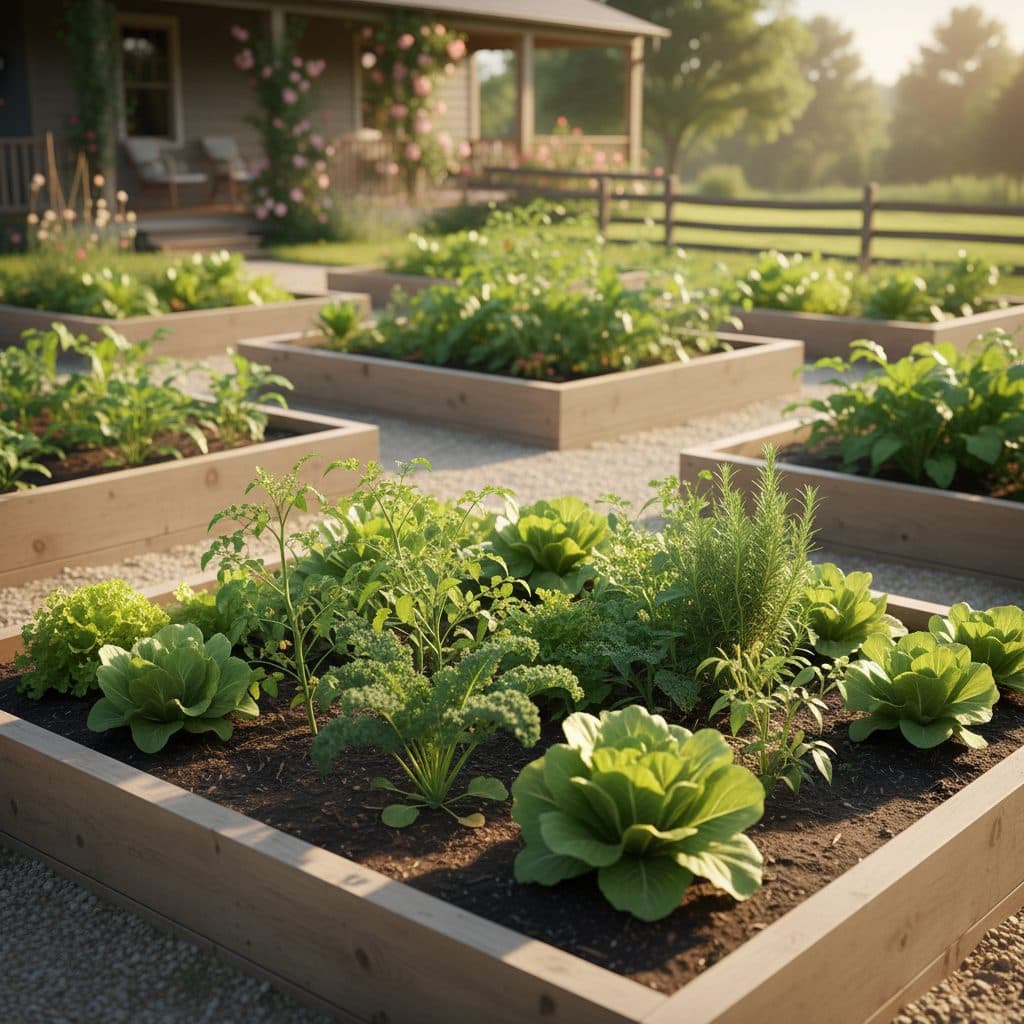 A diverse US homestead garden showcasing mulched vegetable beds, fruit trees, and container plants under bright sunlight.