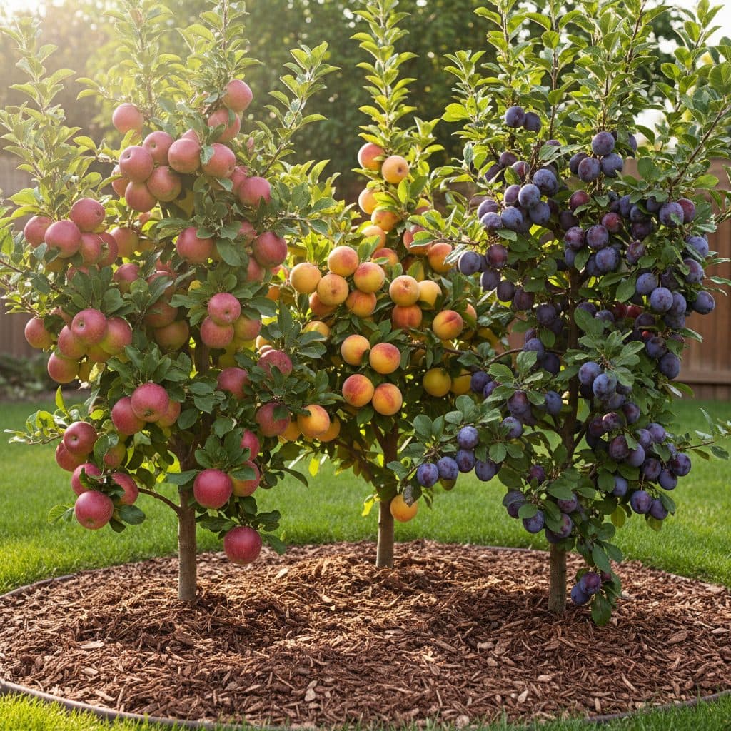 Compact backyard fruit orchard with multiple fruit trees in one hole, showing diverse ripening fruits.