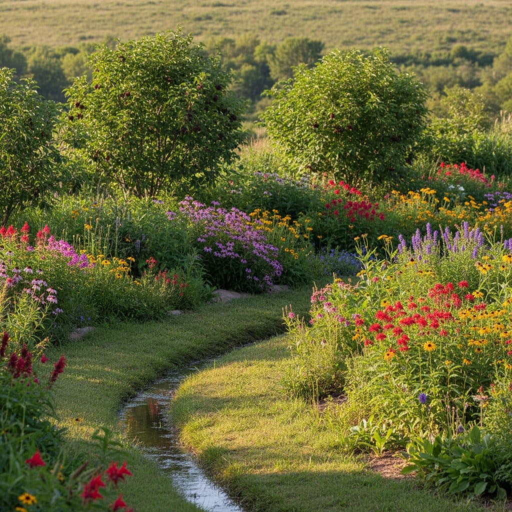 A thriving permaculture garden with diverse native plants, including nitrogen fixers, and a well-designed swale.