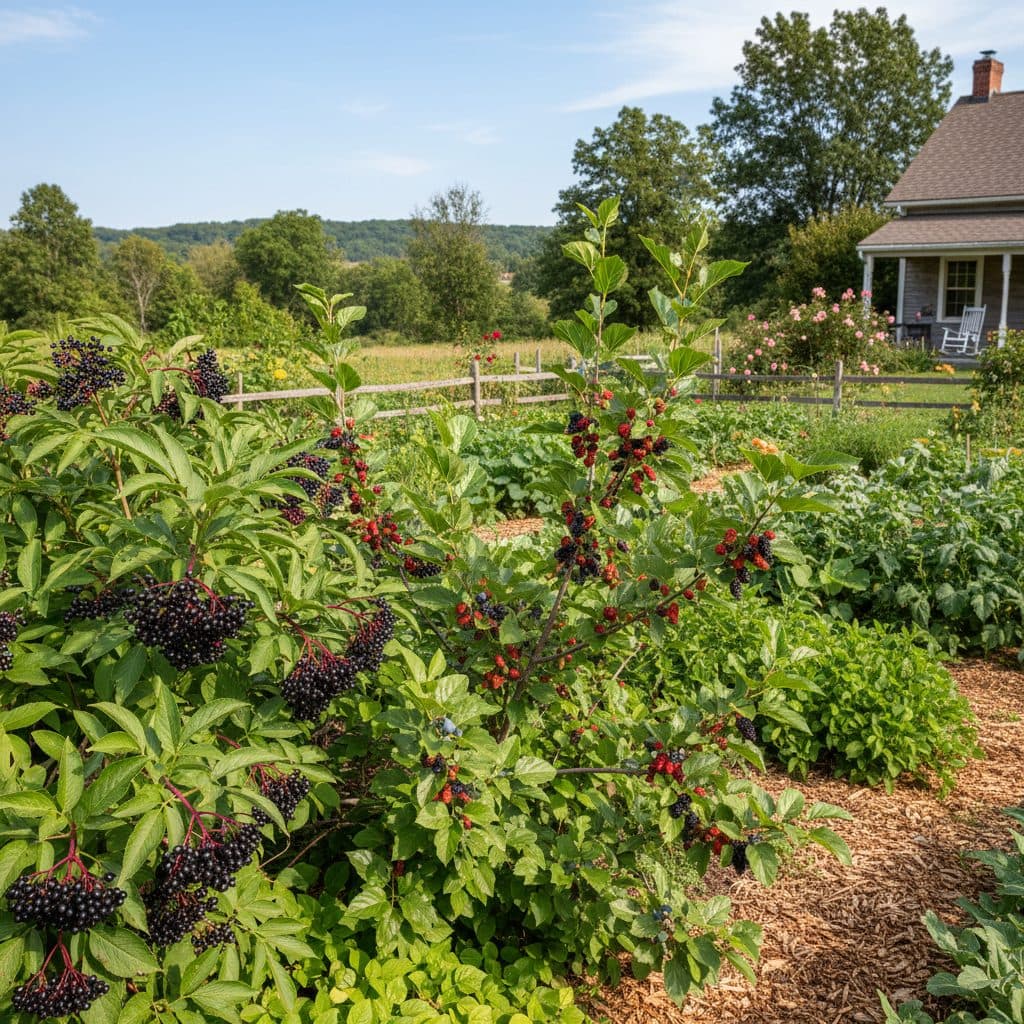 A sunny homestead scene with native elderberry, serviceberry, and mulberry plants laden with ripe fruit.